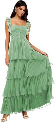 Women's Chiffon Bridesmaid Dresses Short Ruffle Sleeves Long Sweetheart Prom Gown Formal Evening Dress S35 in Saudi Arabia