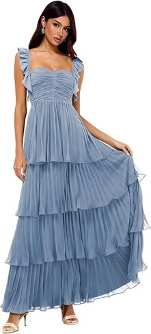Women's Chiffon Bridesmaid Dresses Short Ruffle Sleeves Long Sweetheart Prom Gown Formal Evening Dress S35 in Saudi Arabia