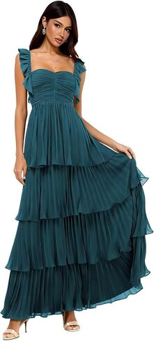 Women's Chiffon Bridesmaid Dresses Short Ruffle Sleeves Long Sweetheart Prom Gown Formal Evening Dress S35 in Saudi Arabia