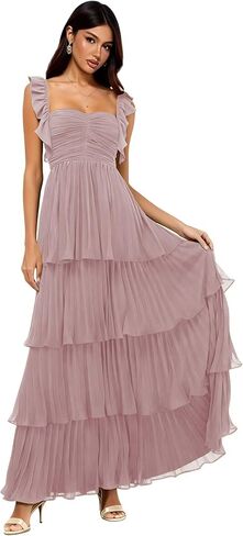Women's Chiffon Bridesmaid Dresses Short Ruffle Sleeves Long Sweetheart Prom Gown Formal Evening Dress S35 in Saudi Arabia