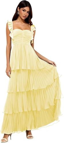 Women's Chiffon Bridesmaid Dresses Short Ruffle Sleeves Long Sweetheart Prom Gown Formal Evening Dress S35 in Saudi Arabia