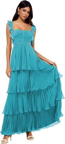 Women's Chiffon Bridesmaid Dresses Short Ruffle Sleeves Long Sweetheart Prom Gown Formal Evening Dress S35 in Saudi Arabia