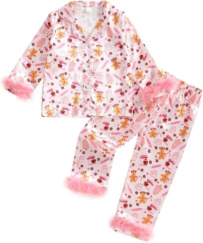 DuAnyozu Merry Christmas Pajamas Set Toddler Girl Pjs Feather Trim Long Sleeve Shirt Kids Pants Winter Little Girls Clothes in Saudi Arabia