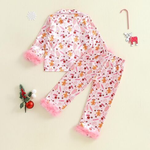 DuAnyozu Merry Christmas Pajamas Set Toddler Girl Pjs Feather Trim Long Sleeve Shirt Kids Pants Winter Little Girls Clothes in Saudi Arabia