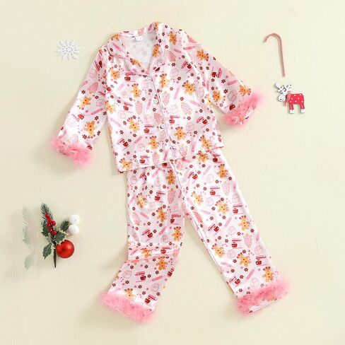 DuAnyozu Merry Christmas Pajamas Set Toddler Girl Pjs Feather Trim Long Sleeve Shirt Kids Pants Winter Little Girls Clothes in Saudi Arabia