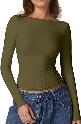 QINSEN Women's Sexy Open Back Long Sleeve Shirts High Neck Double Lined Tees Fitted Going Out Tops in Kuwait