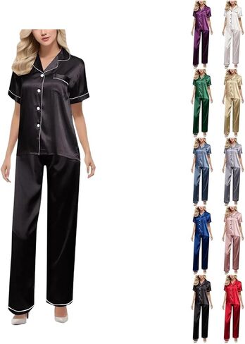 Red Silk Pajamasfor Women Set 2 Piece Short Satin Pjs Wide Leg Long Pants Soft Button Sleepwear With Pockets in Saudi Arabia