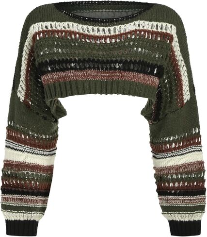 CIDER Striped Crochet Crop Tops for Women Long Sleeve Boat Neck Hollow Out Sweater Shrug in Saudi Arabia