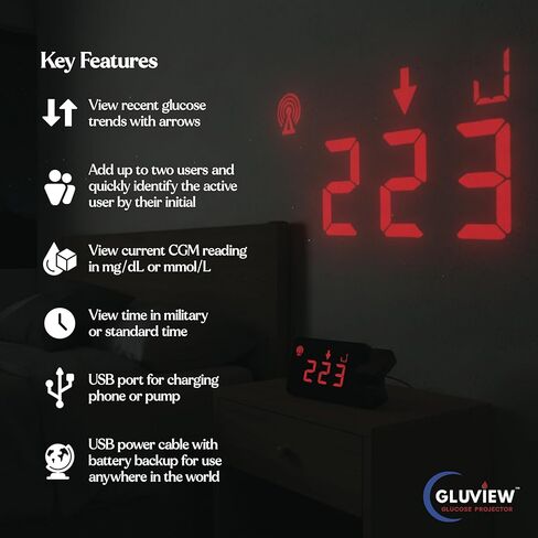 Gluview Glucose Projector Clock for Diabetes | FDA Cleared Continuous Glucose Monitor Display for Dexcom & Libre | Nighttime Glucose Tracking, Sleep-Friendly Display, Real-Time CGM Data Projection in Saudi Arabia