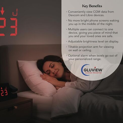 Gluview Glucose Projector Clock for Diabetes | FDA Cleared Continuous Glucose Monitor Display for Dexcom & Libre | Nighttime Glucose Tracking, Sleep-Friendly Display, Real-Time CGM Data Projection in Saudi Arabia