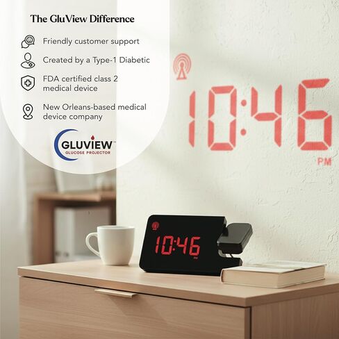 Gluview Glucose Projector Clock for Diabetes | FDA Cleared Continuous Glucose Monitor Display for Dexcom & Libre | Nighttime Glucose Tracking, Sleep-Friendly Display, Real-Time CGM Data Projection in Saudi Arabia