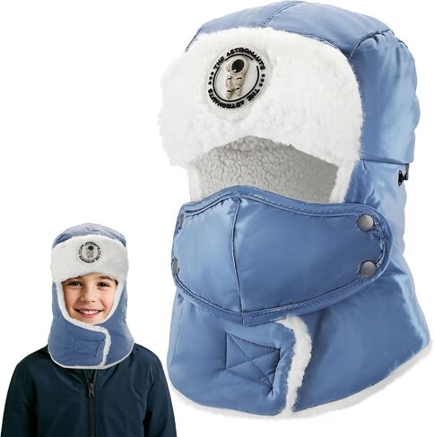 3-Layer Warm Kids Winter Trapper Hat - Windproof Fabric Soft Lining, Boys Girls Winter Hat with Ear Flaps, Mask for Age 5-12 in Saudi Arabia