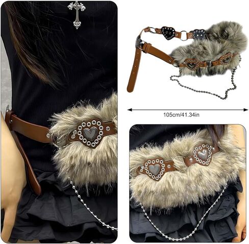 Faux Fur Belts with Heart, Western Punk Grunge Style, Adjustable PU Leather Waistband for Women Dresses Pants Cosplay Party in Saudi Arabia
