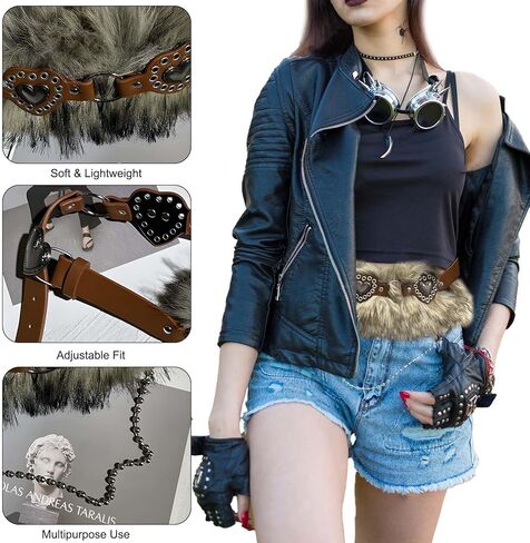 Faux Fur Belts with Heart, Western Punk Grunge Style, Adjustable PU Leather Waistband for Women Dresses Pants Cosplay Party in Saudi Arabia