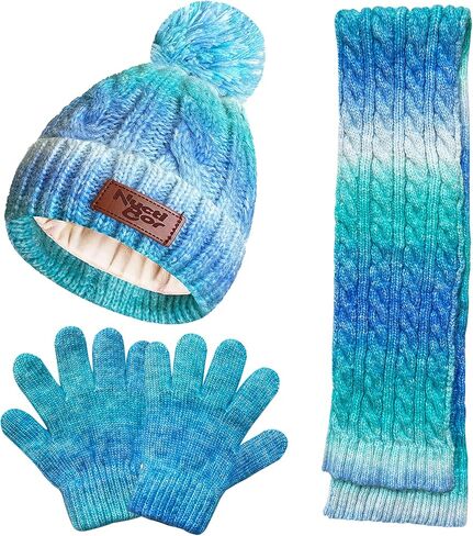 Toddler Kids Winter Hat Gloves Scarf Set for 3-8 Years, Warm Knit Boys Girls Hats Fleece Pompoms Beanies Neck Warmer in Saudi Arabia