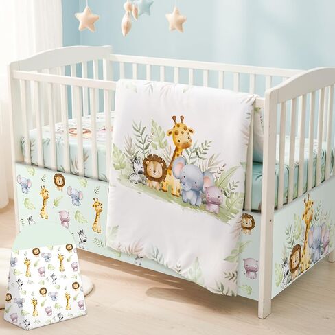 4 Pieces Rainbow Boho Crib Bedding Set for Girls and Boys, Bohemian Soft Baby Bedding Set Including Crib Skirt, Comforter, Crib Sheet and Diaper Stacker for Nursery in Kuwait