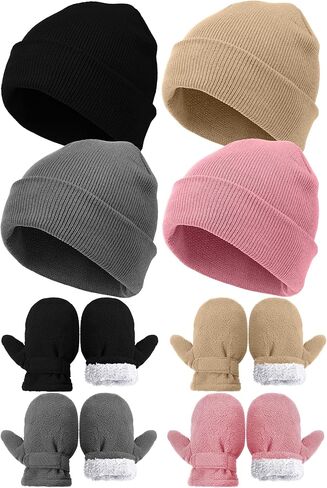 8 Pcs Toddler Baby Beanie Hat and Mitten Winter Warm Fleece Knitted Hat Glove for Kids Newborn Boy Girl, 3-6 Years in Saudi Arabia