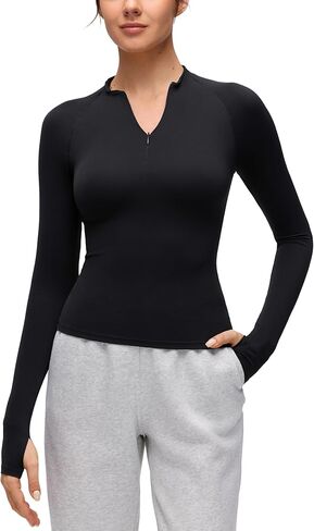 قمصان CRZ YOGA Softembrace نصف سحاب وأكمام طويلة للنساء - قمصان كاجوال للخروج مع سحاب ربع ناعم مع فتحات إبهام in Kuwait