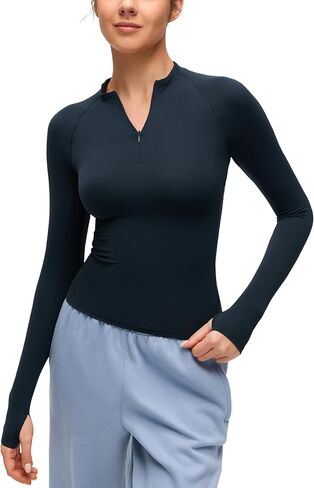 قمصان CRZ YOGA Softembrace نصف سحاب وأكمام طويلة للنساء - قمصان كاجوال للخروج مع سحاب ربع ناعم مع فتحات إبهام in Kuwait