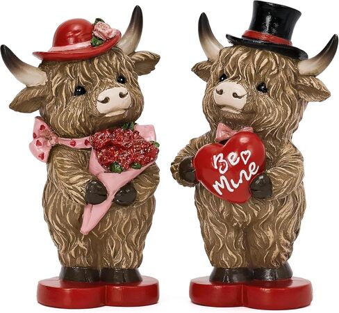 Valery Madelyn 2Pcs Valentines Highland Cow Decor, Cute Romantic Brown Calf Resin Handmade Figurines for Tiered Tray Table Home Decor, Valentines Gifts for Him Her Wedding Anniversary, 4 Inch in Kuwait