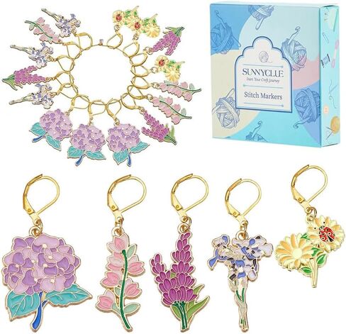 Sunnyclue 1 Box 20pcs 5 أنماط زهرة علامة غرزة علامات التريكو سحر الجزء الأكبر سحر الذهب الذهب سحر الأزهار قفل الأزهار مع 304 مشابك الفولاذ المقاوم للصدأ لنسجها مجوهرات اللحف DIY in Saudi Arabia