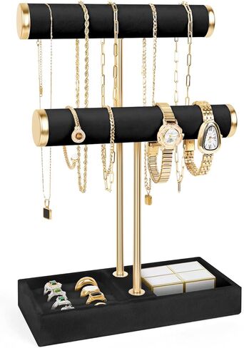 REMIT 2 Tier Jewelry Holder Organizer with Tray -Jewelry Stand,Jewelry Holder Display for Necklace, Watches,Rings,Earrings,Bangle,Christmas gift for Women Black in Saudi Arabia