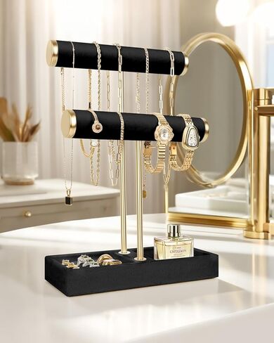 REMIT 2 Tier Jewelry Holder Organizer with Tray -Jewelry Stand,Jewelry Holder Display for Necklace, Watches,Rings,Earrings,Bangle,Christmas gift for Women Black in Saudi Arabia