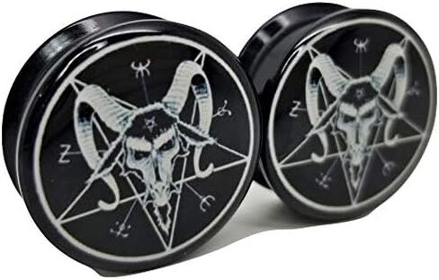 Pierced Republic Black & White Baphomet Ear Plugs - Acrylic Screw-On - 10 Sizes - *Pair* (0 Gauge (8mm)) in Saudi Arabia