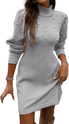 Women's Turtleneck Sweater Dress with Pearl Decoration, Long Sleeve Bodycon Knit Dress, Elegant Knit Slim Sweater in Saudi Arabia