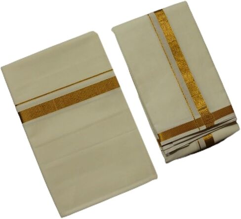 مجموعة Dhoti وAngavastram من القطن Jari الملون للرجال (1.30X2.00 متر Dhoti، منشفة 36X1.80) in Kuwait