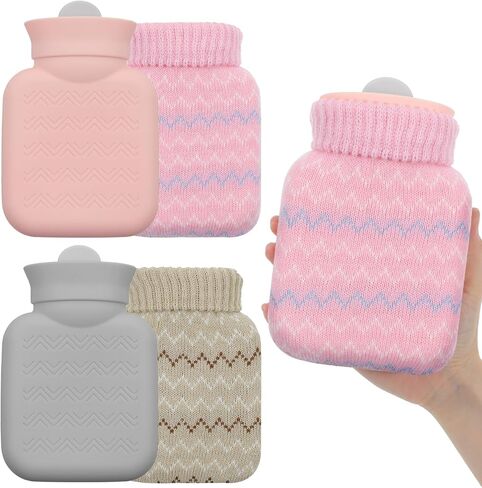 قطعتان من زجاجات المياه الساخنة الصغيرة للضغط الساخن والبارد مع غطاء 320 مل من السيليكون لتسخين الميكروويف وحقيبة مياه صغيرة كهدية للسفر والعطلات، رمادي، وردي in Kuwait