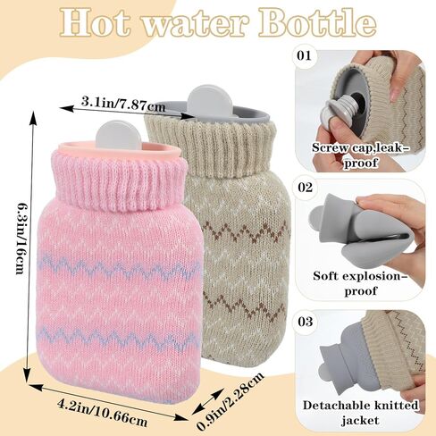 قطعتان من زجاجات المياه الساخنة الصغيرة للضغط الساخن والبارد مع غطاء 320 مل من السيليكون لتسخين الميكروويف وحقيبة مياه صغيرة كهدية للسفر والعطلات، رمادي، وردي in Kuwait