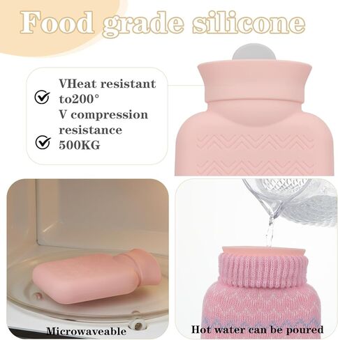 قطعتان من زجاجات المياه الساخنة الصغيرة للضغط الساخن والبارد مع غطاء 320 مل من السيليكون لتسخين الميكروويف وحقيبة مياه صغيرة كهدية للسفر والعطلات، رمادي، وردي in Kuwait