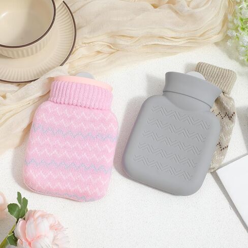 قطعتان من زجاجات المياه الساخنة الصغيرة للضغط الساخن والبارد مع غطاء 320 مل من السيليكون لتسخين الميكروويف وحقيبة مياه صغيرة كهدية للسفر والعطلات، رمادي، وردي in Kuwait