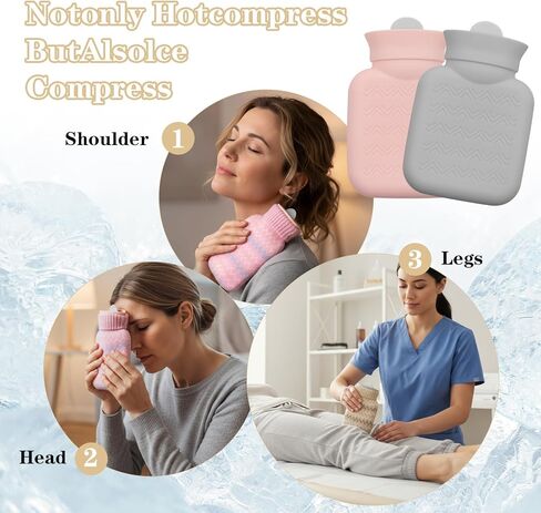 قطعتان من زجاجات المياه الساخنة الصغيرة للضغط الساخن والبارد مع غطاء 320 مل من السيليكون لتسخين الميكروويف وحقيبة مياه صغيرة كهدية للسفر والعطلات، رمادي، وردي in Kuwait