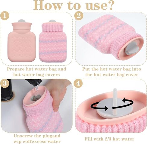 قطعتان من زجاجات المياه الساخنة الصغيرة للضغط الساخن والبارد مع غطاء 320 مل من السيليكون لتسخين الميكروويف وحقيبة مياه صغيرة كهدية للسفر والعطلات، رمادي، وردي in Kuwait