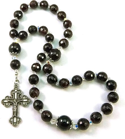 Christian Orthodox 33 Prayer Beads Komboskini Chotki Garnet Gemstone with Made in Holy Land Crucifix and Blessed in the Church of the Holy Sepulcher in Saudi Arabia