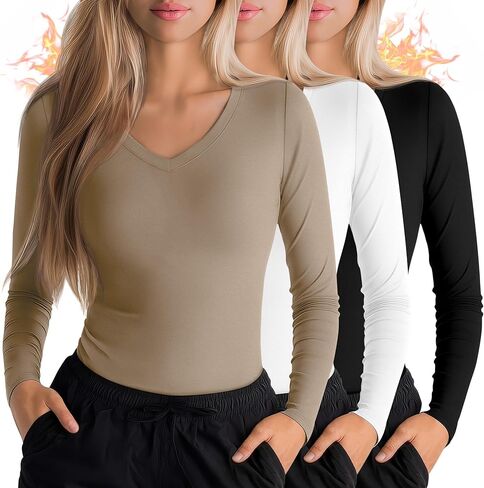 3 Pack Women's Under Scrubs Long Sleeve Shirt V Neck Thermal Fleece Slim Fit Stretchy Nurse Top Basic Layering Tee in Saudi Arabia