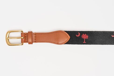 Palmetto Golf & Belts, Palmetto Tree Embroidered Golf Belt, Black South Carolina backdrop with Garnet Palmetto Tree in Saudi Arabia