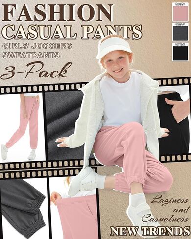 3 Pack Girls' Sweatpants Kids Elastic Waist Joggers Casual Athletic Pull on Teen Sweat Pants with Pockets in Saudi Arabia