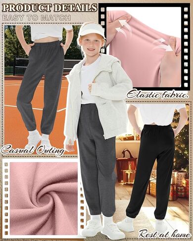3 Pack Girls' Sweatpants Kids Elastic Waist Joggers Casual Athletic Pull on Teen Sweat Pants with Pockets in Saudi Arabia