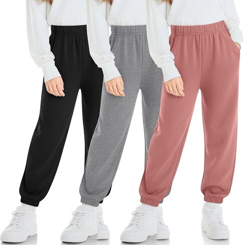 3 Pack Girls' Sweatpants Kids Elastic Waist Joggers Casual Athletic Pull on Teen Sweat Pants with Pockets in Saudi Arabia