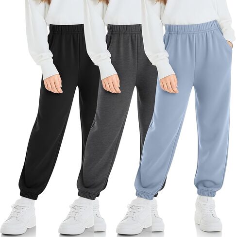 3 Pack Girls' Sweatpants Kids Elastic Waist Joggers Casual Athletic Pull on Teen Sweat Pants with Pockets in Saudi Arabia