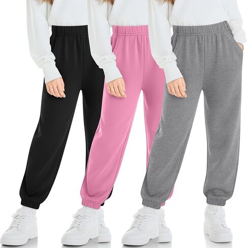 3 Pack Girls' Sweatpants Kids Elastic Waist Joggers Casual Athletic Pull on Teen Sweat Pants with Pockets in Saudi Arabia