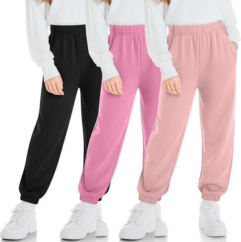 3 Pack Girls' Sweatpants Kids Elastic Waist Joggers Casual Athletic Pull on Teen Sweat Pants with Pockets in Saudi Arabia