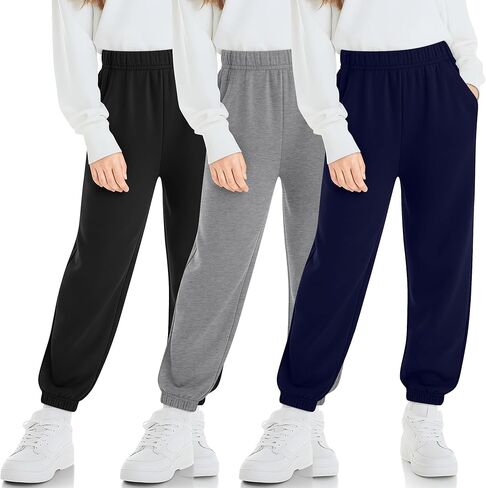 3 Pack Girls' Sweatpants Kids Elastic Waist Joggers Casual Athletic Pull on Teen Sweat Pants with Pockets in Saudi Arabia