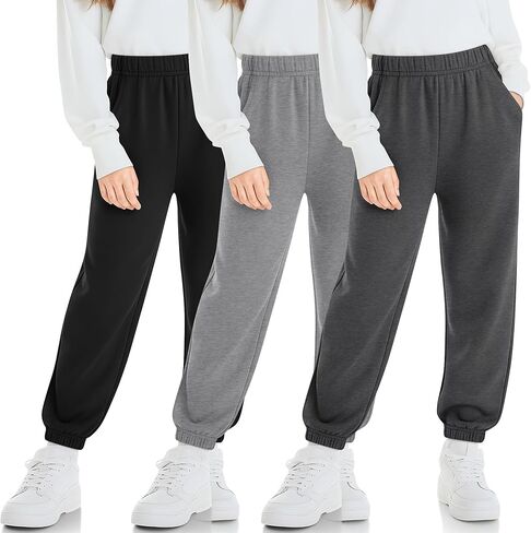 3 Pack Girls' Sweatpants Kids Elastic Waist Joggers Casual Athletic Pull on Teen Sweat Pants with Pockets in Saudi Arabia
