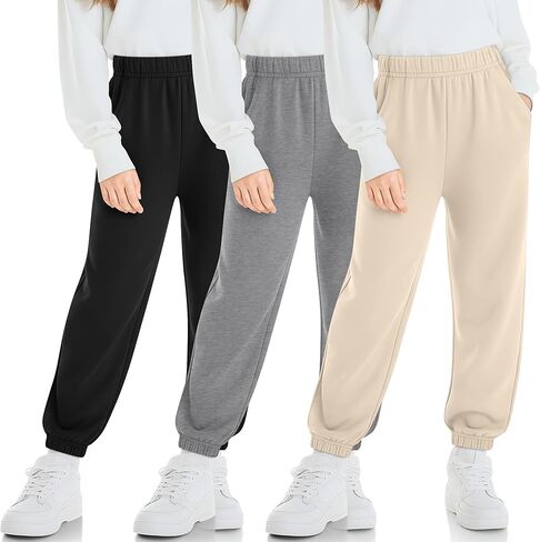 3 Pack Girls' Sweatpants Kids Elastic Waist Joggers Casual Athletic Pull on Teen Sweat Pants with Pockets in Saudi Arabia