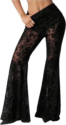 Women's Lace Mesh See Through Bell Bottoms Mid Rise Bootcut Flare Pants Gothic Trousers in Saudi Arabia