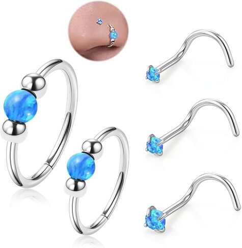 5PCS Stainless Steel Nose Rings Studs Set for Women Men, Hypoallergenic 18G Opal Nose Rings Hoops 8mm/10mm and 20G 1.5/2.0/3.0mm Opal S-Shaped Nose Studs Nostril Septum Cartilage Helix Nose Piercing Jewelry in Saudi Arabia